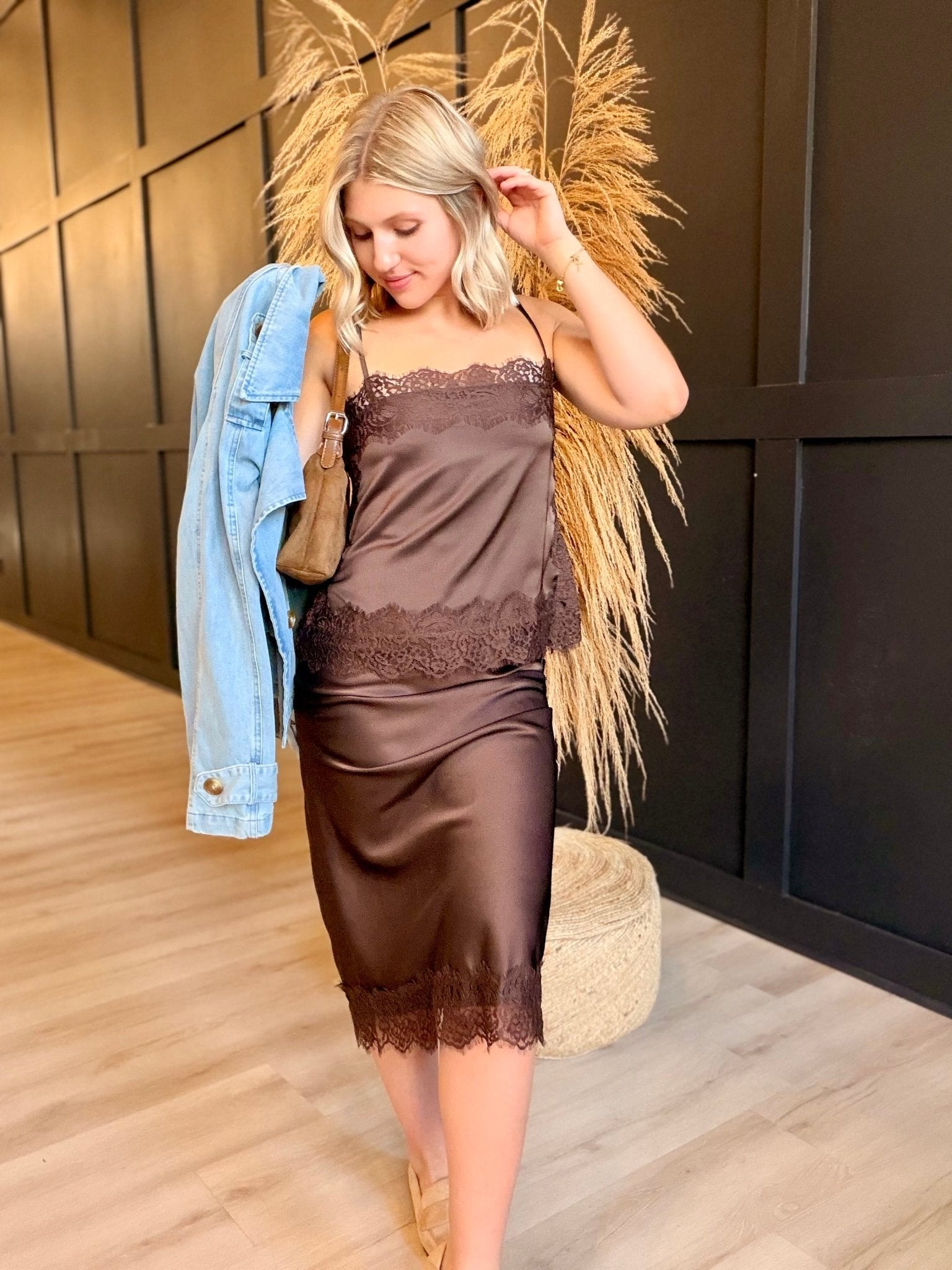 Satin Lace Hem Back Slit Pencil Midi Skirt In Brown - Infinity Raine