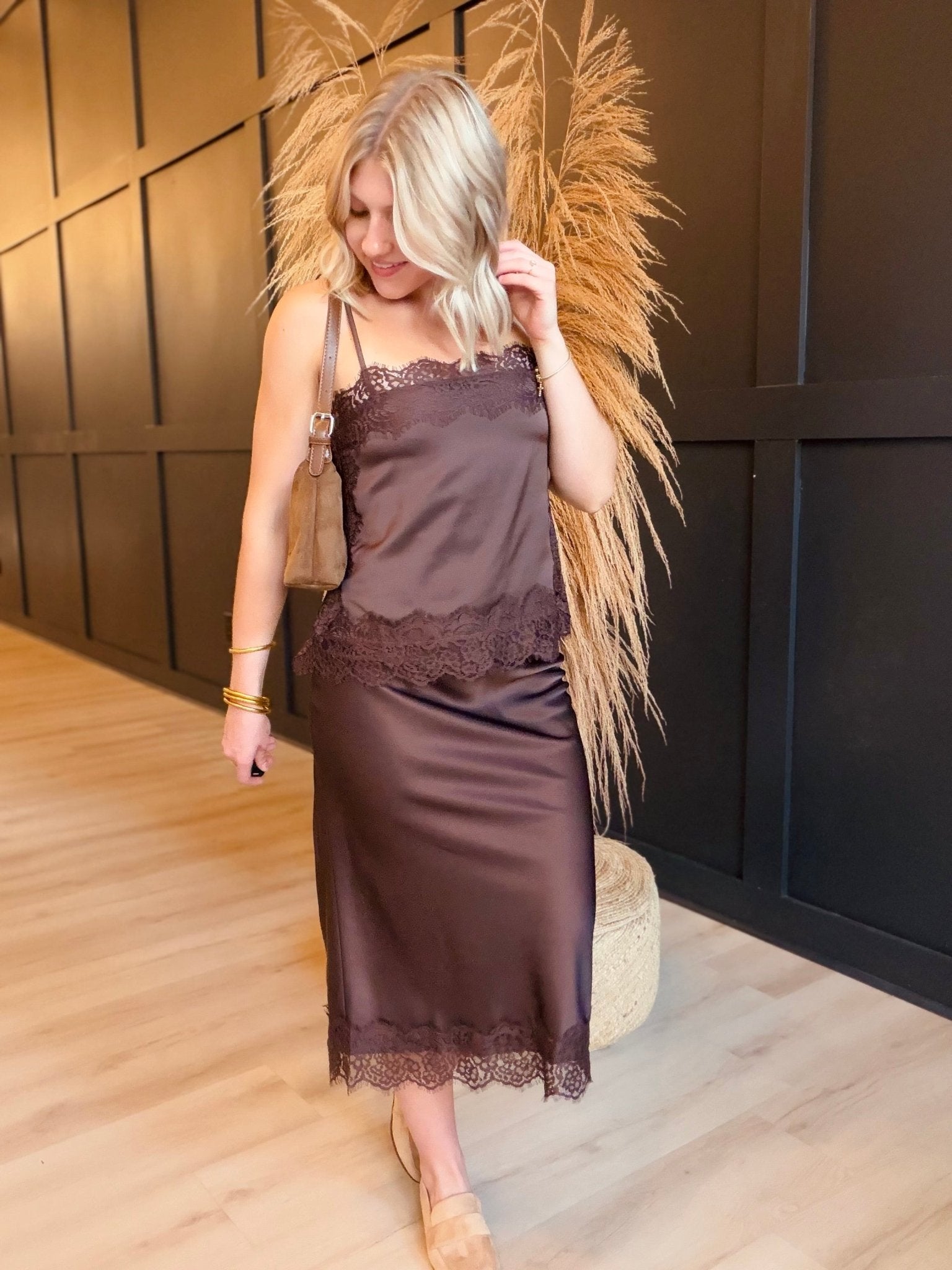 Satin Lace Trim Detail Cami In Brown - Infinity Raine
