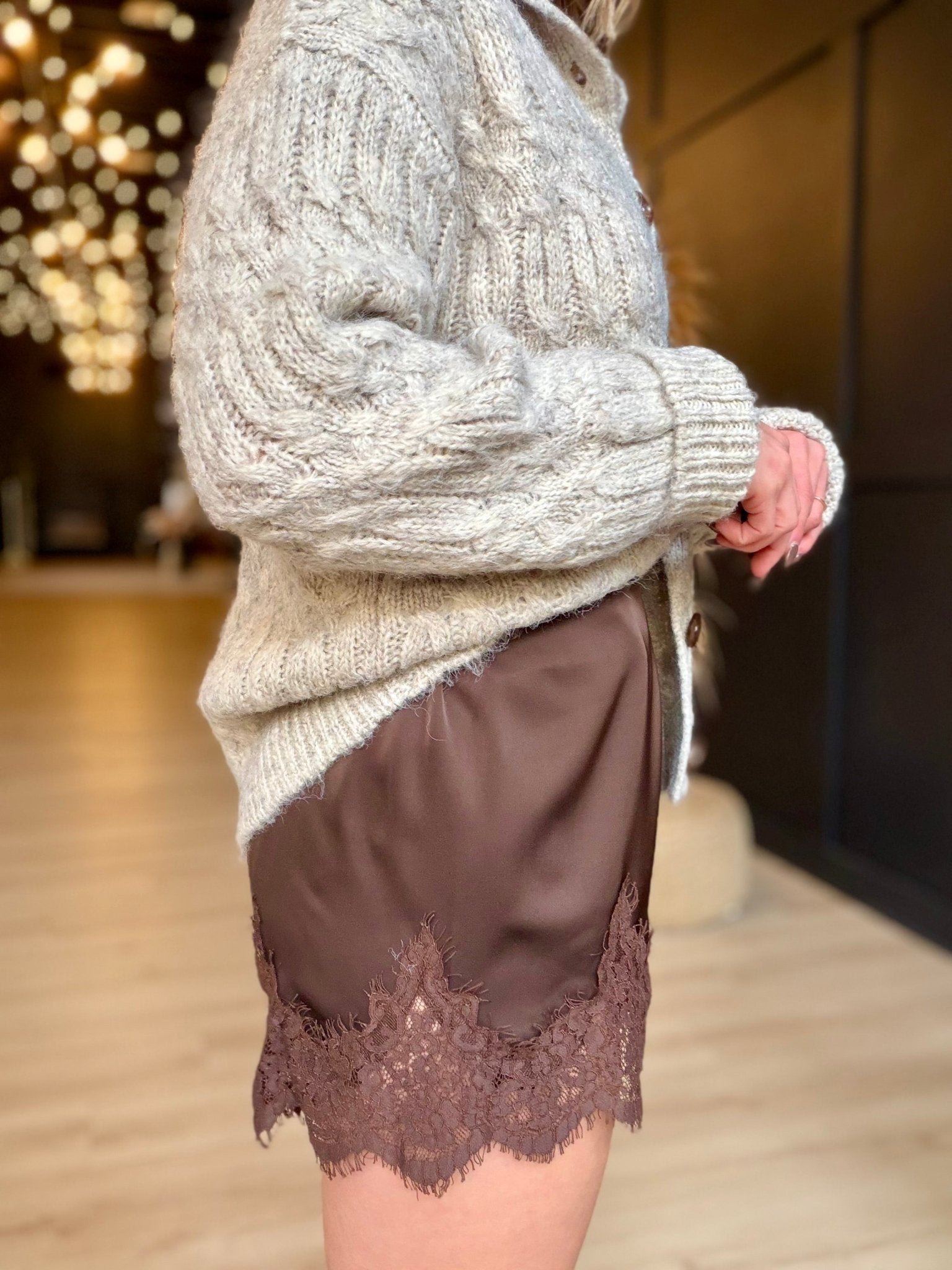 Satin Short with Lace Trim Detail In Brown - Infinity Raine