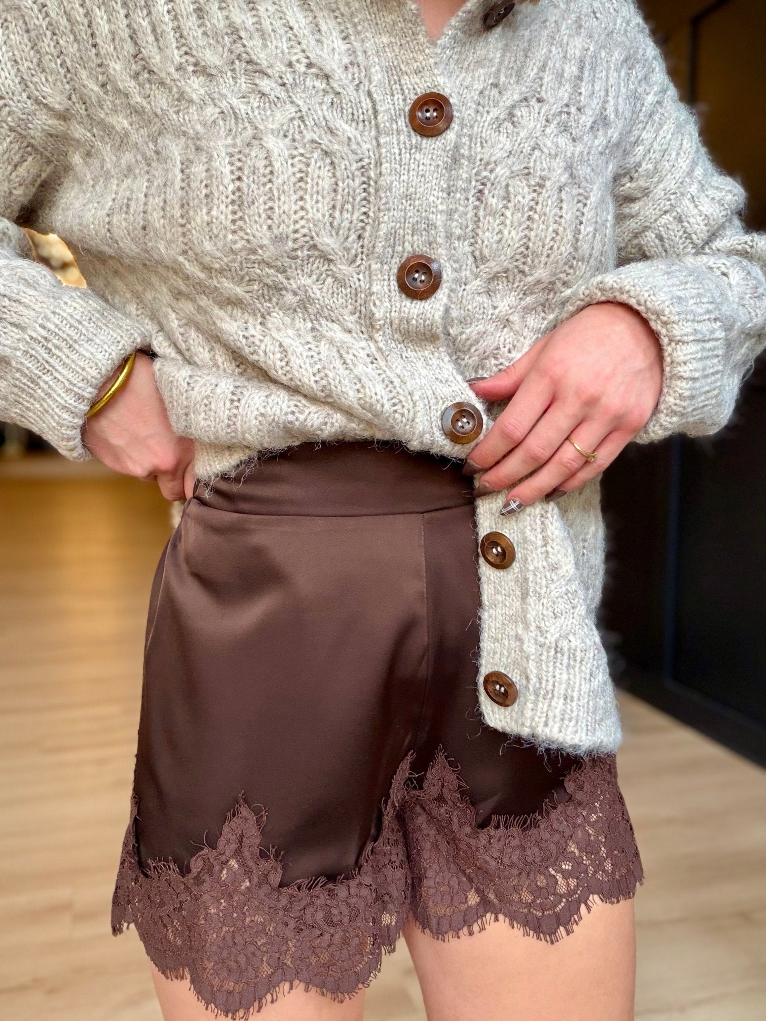 Satin Short with Lace Trim Detail In Brown - Infinity Raine