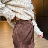 Satin Short with Lace Trim Detail In Brown - Infinity Raine