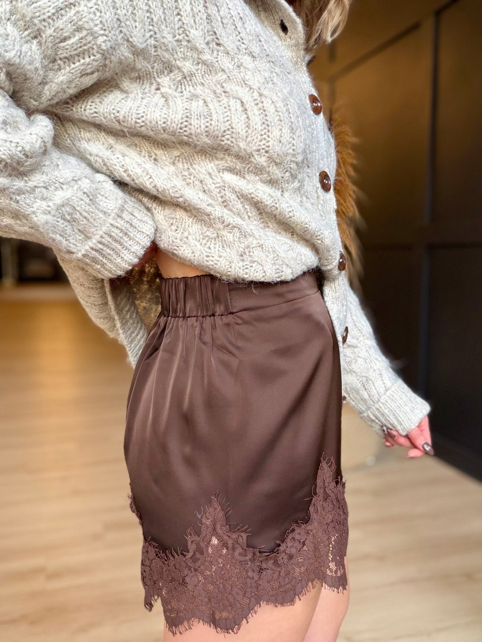 Satin Short with Lace Trim Detail In Brown - Infinity Raine