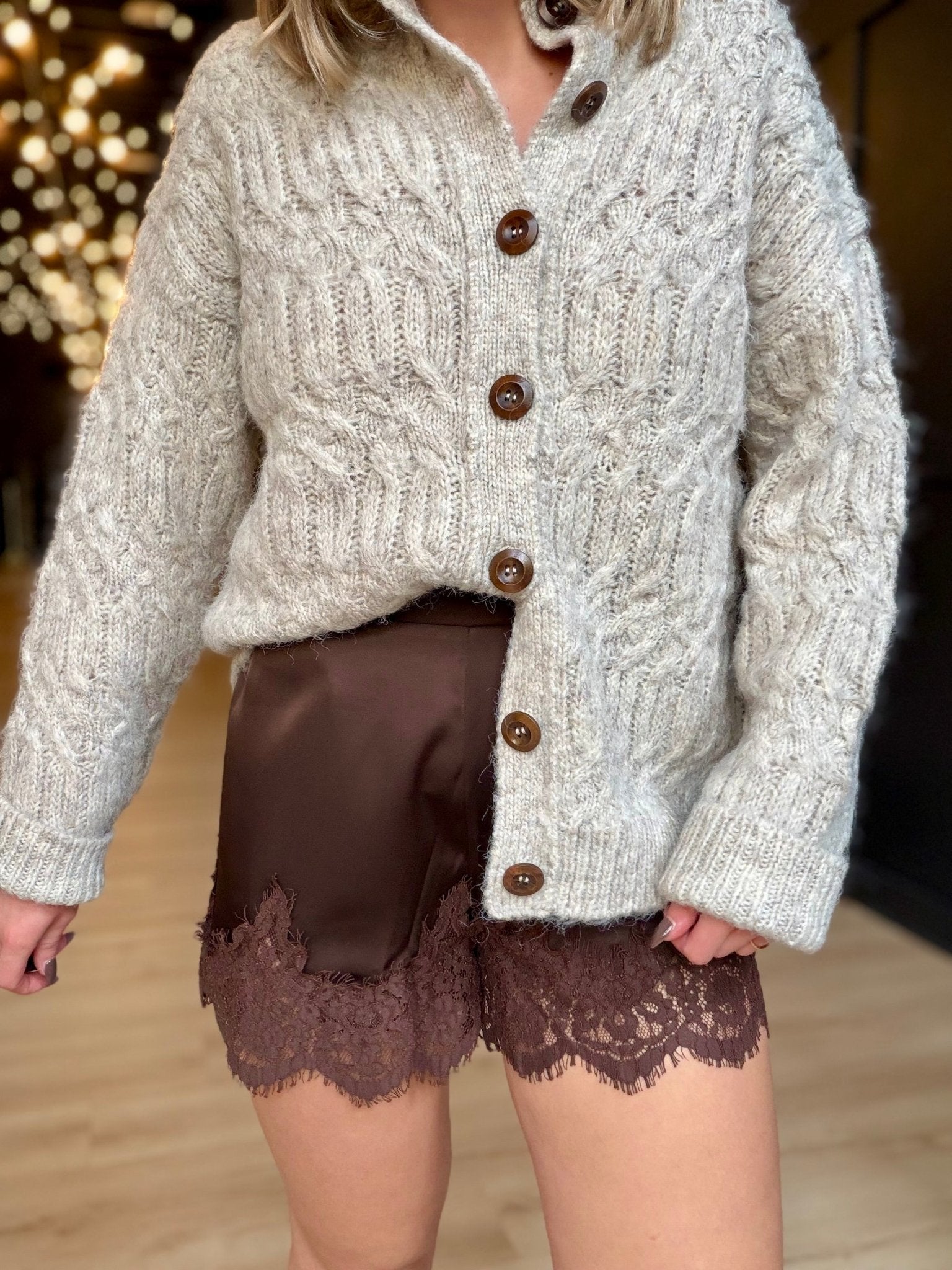 Satin Short with Lace Trim Detail In Brown - Infinity Raine