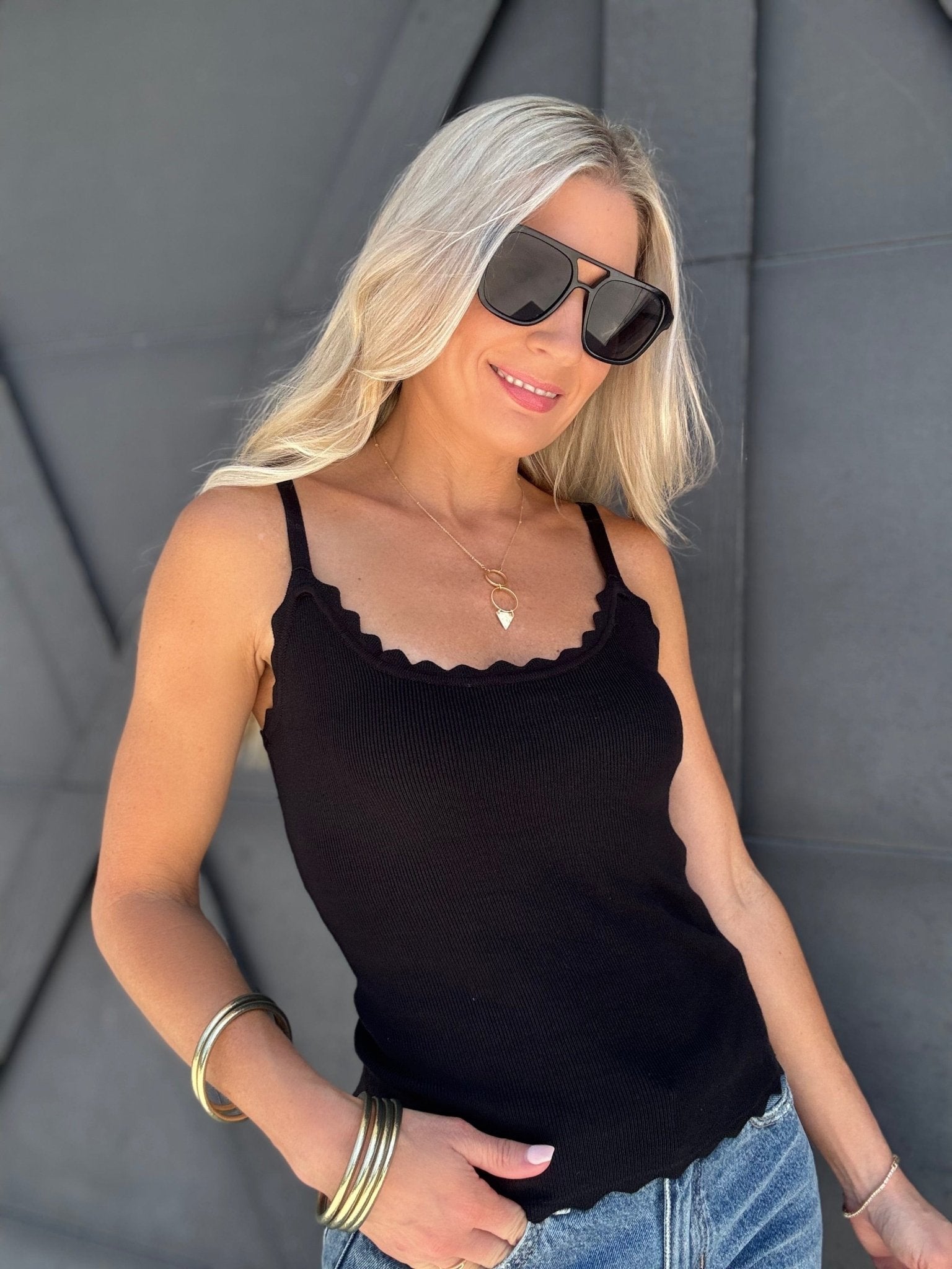 Scalloped Cami Tank In Black - Infinity Raine