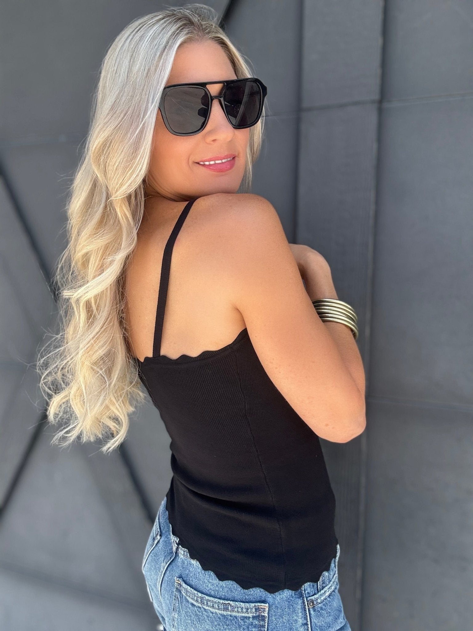 Scalloped Cami Tank In Black - Infinity Raine