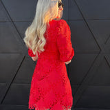 Scalloped Lace Empire Waist Mini Dress In Red - Infinity Raine