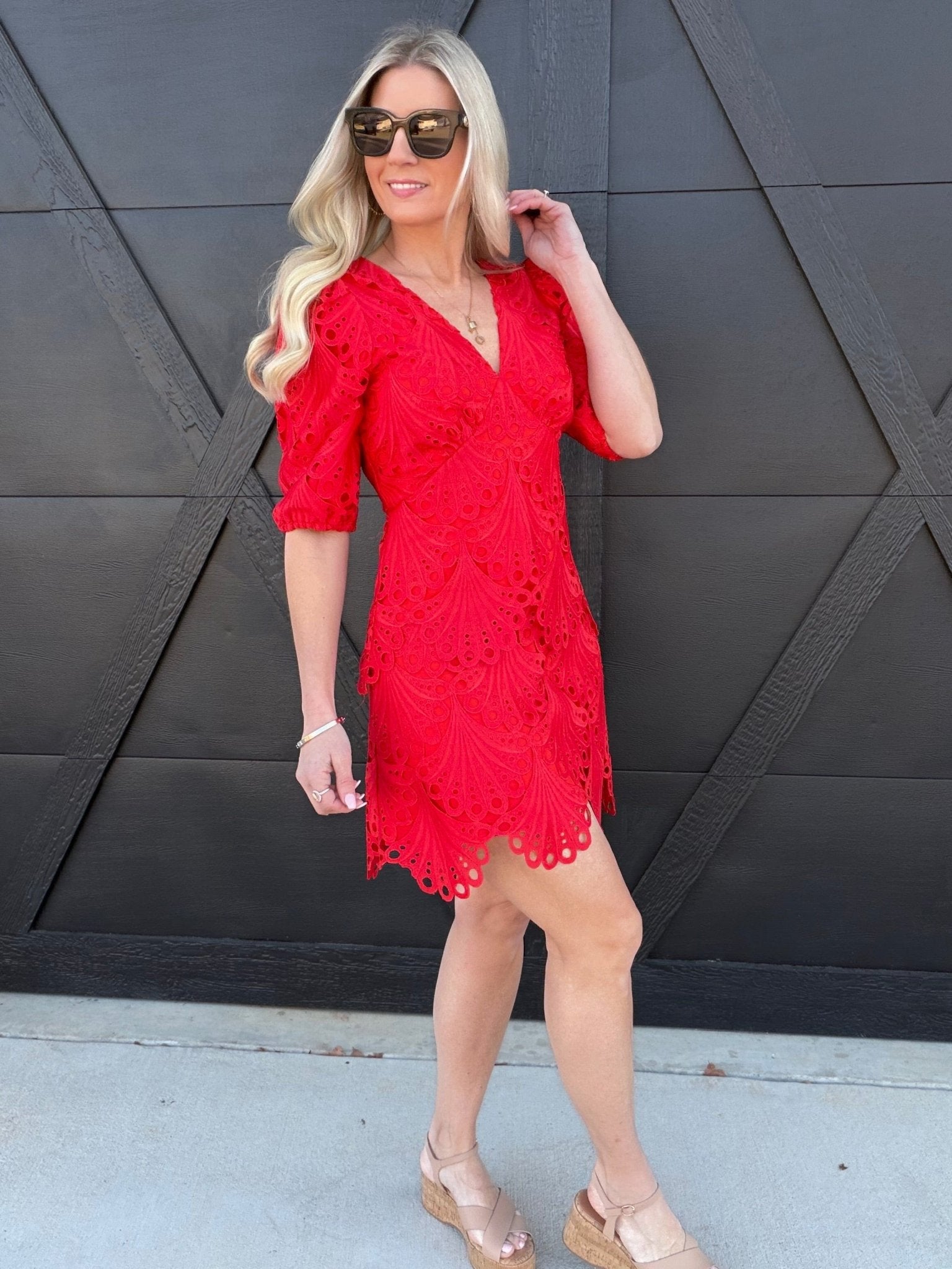 Scalloped Lace Empire Waist Mini Dress In Red - Infinity Raine
