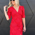 Scalloped Lace Empire Waist Mini Dress In Red - Infinity Raine