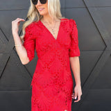 Scalloped Lace Empire Waist Mini Dress In Red - Infinity Raine