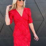 Scalloped Lace Empire Waist Mini Dress In Red - Infinity Raine