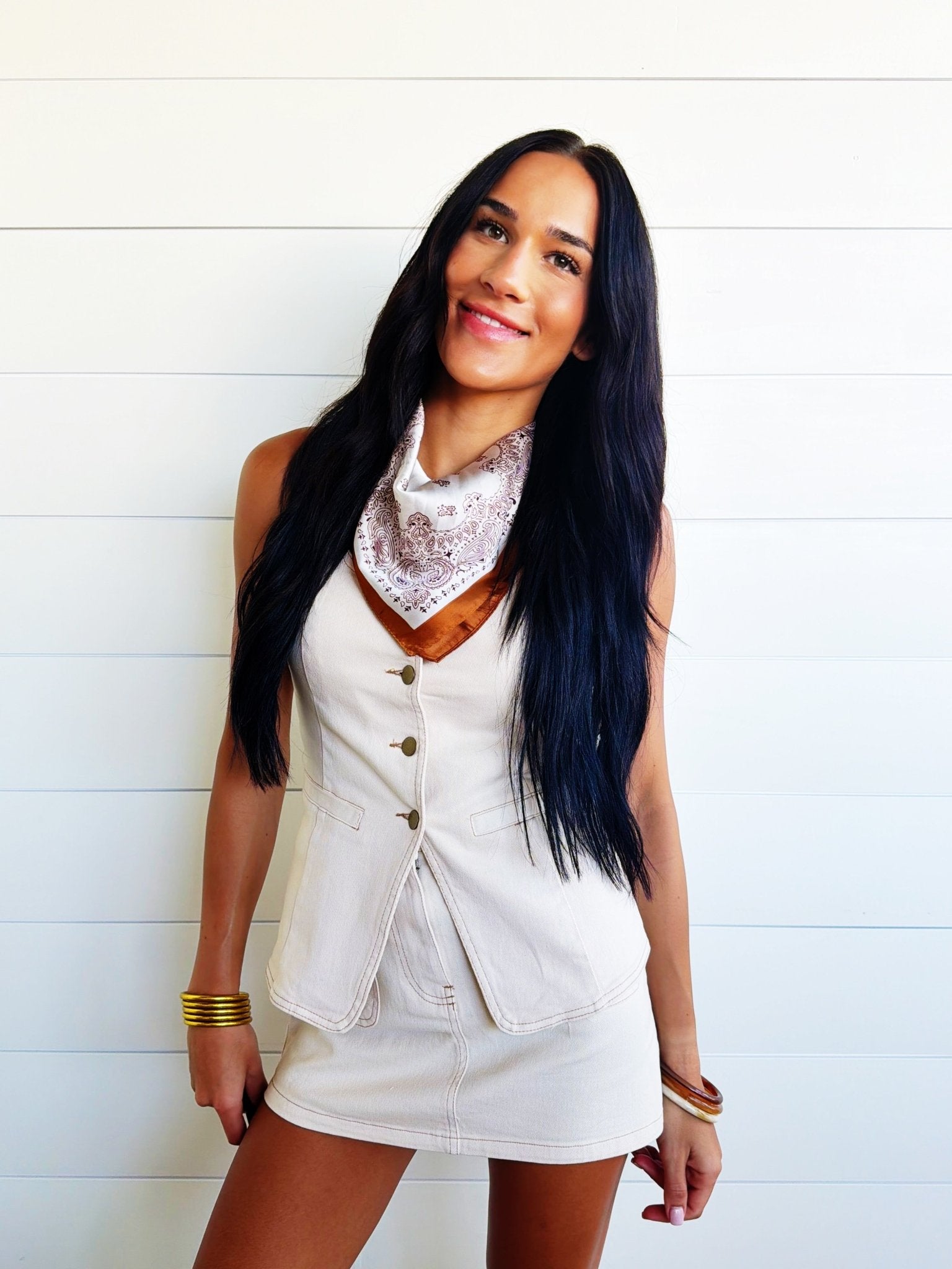 Scoop Neckline Button Down Sleeveless Vest Top – Light Khaki Denim - Infinity Raine