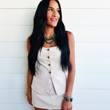 Scoop Neckline Button Down Sleeveless Vest Top – Light Khaki Denim - Infinity Raine