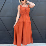 Scoop Neckline Front Tie Shirred Waist A-Line Midi Dress in Rust - Infinity Raine