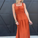 Scoop Neckline Front Tie Shirred Waist A-Line Midi Dress in Rust - Infinity Raine