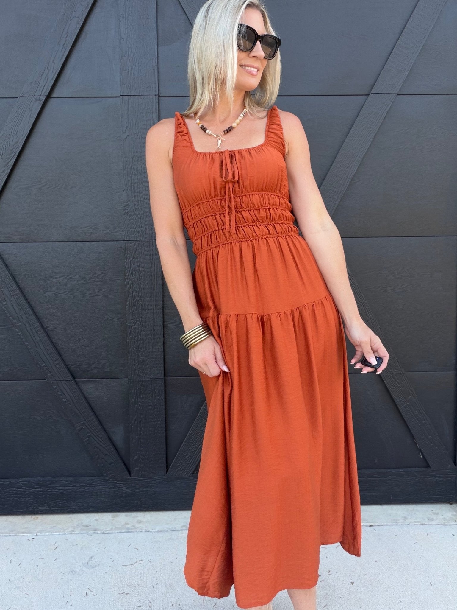 Scoop Neckline Front Tie Shirred Waist A-Line Midi Dress in Rust - Infinity Raine