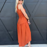 Scoop Neckline Front Tie Shirred Waist A-Line Midi Dress in Rust - Infinity Raine
