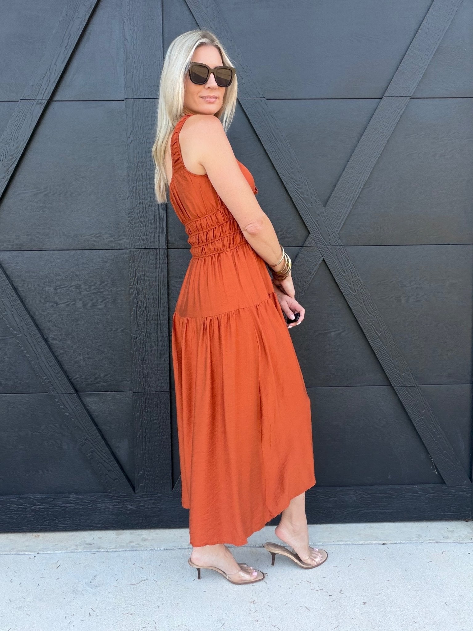 Scoop Neckline Front Tie Shirred Waist A-Line Midi Dress in Rust - Infinity Raine