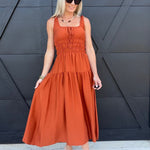 Scoop Neckline Front Tie Shirred Waist A-Line Midi Dress in Rust - Infinity Raine