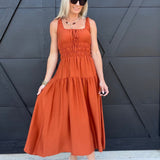Scoop Neckline Front Tie Shirred Waist A-Line Midi Dress in Rust - Infinity Raine
