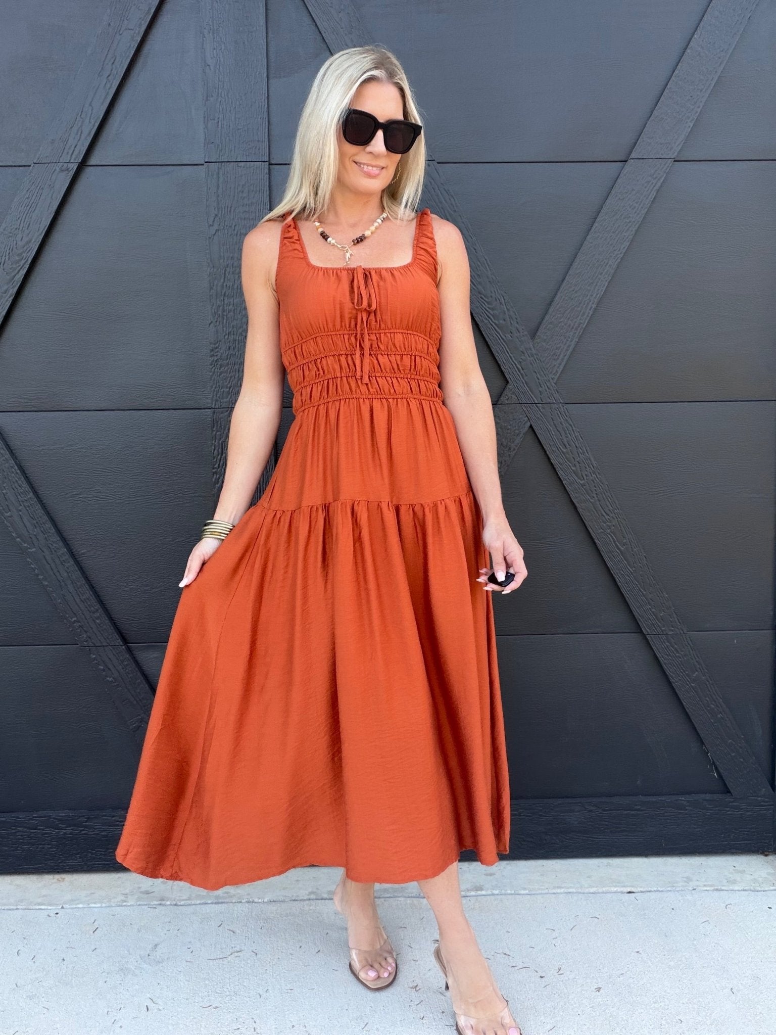 Scoop Neckline Front Tie Shirred Waist A-Line Midi Dress in Rust - Infinity Raine