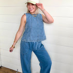 Smocked Waist Pocket Detail Denim Pants In Denim - Infinity Raine