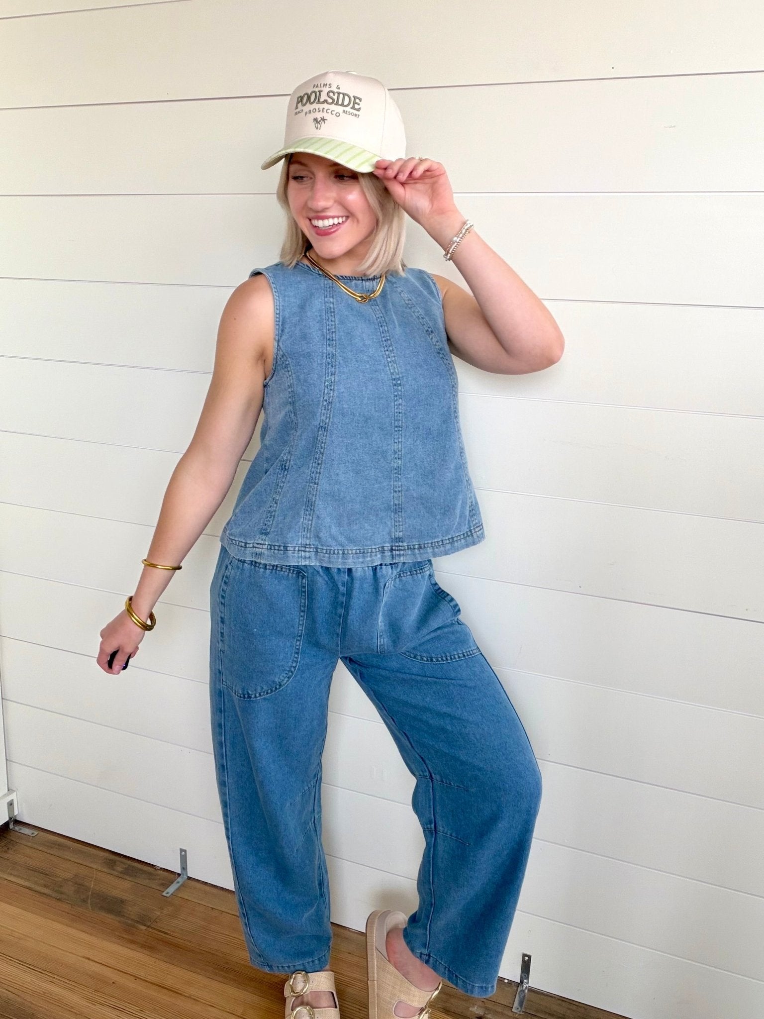 Smocked Waist Pocket Detail Denim Pants In Denim - Infinity Raine