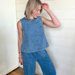 Smocked Waist Pocket Detail Denim Pants In Denim - Infinity Raine