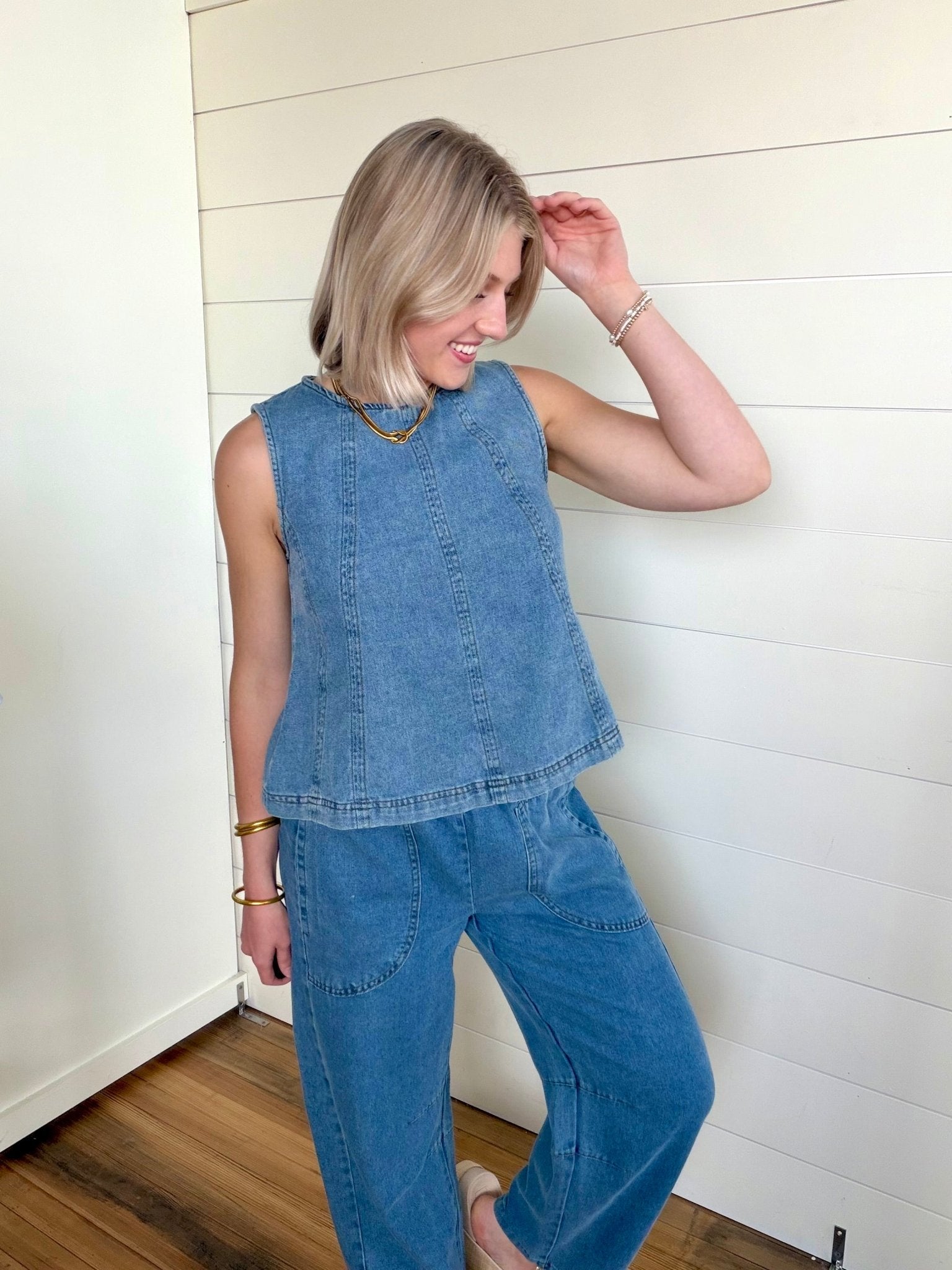 Smocked Waist Pocket Detail Denim Pants In Denim - Infinity Raine