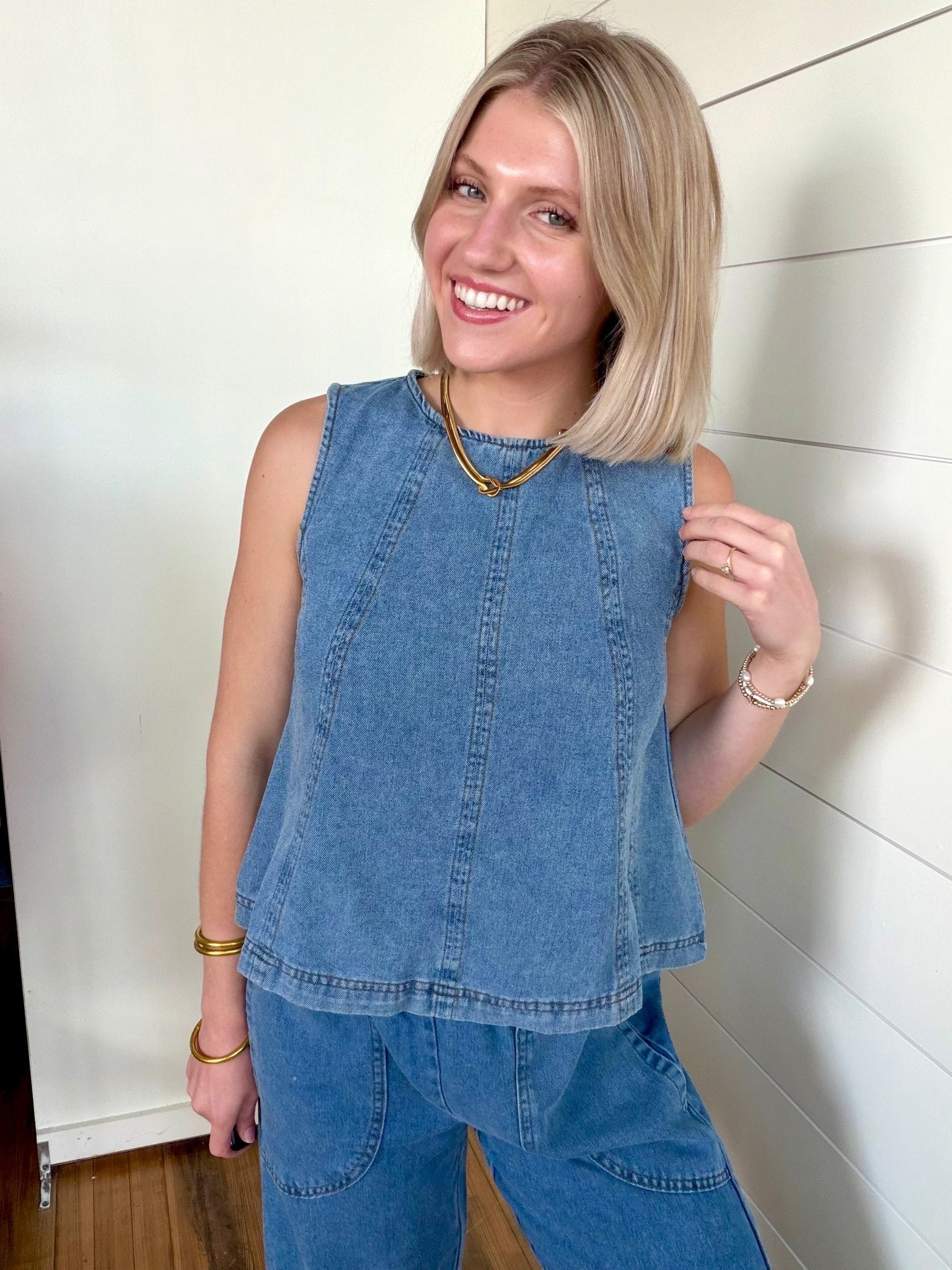 Seam Detail Sleeveless Denim Top In Medium - Infinity Raine