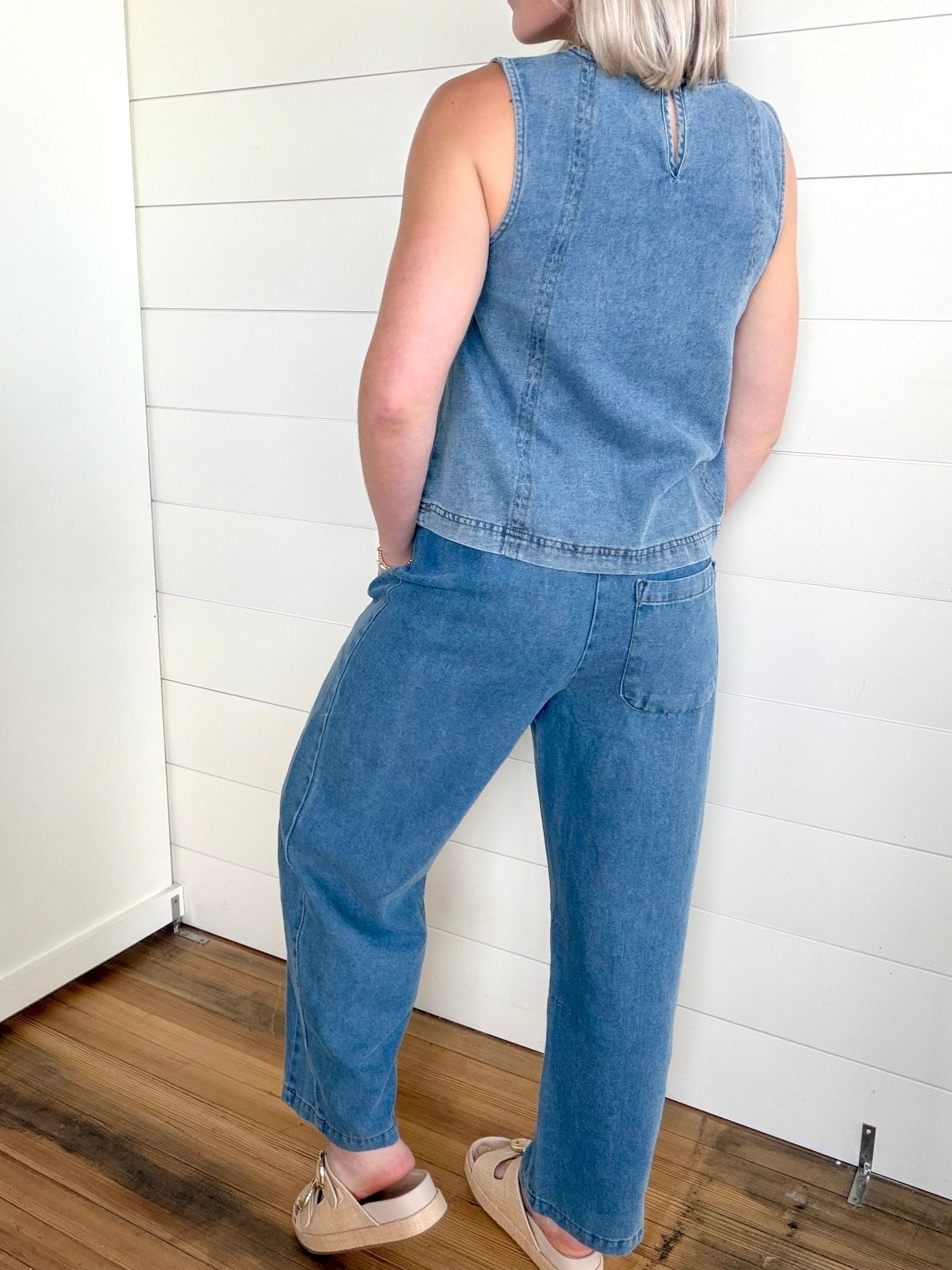 Smocked Waist Pocket Detail Denim Pants In Denim - Infinity Raine