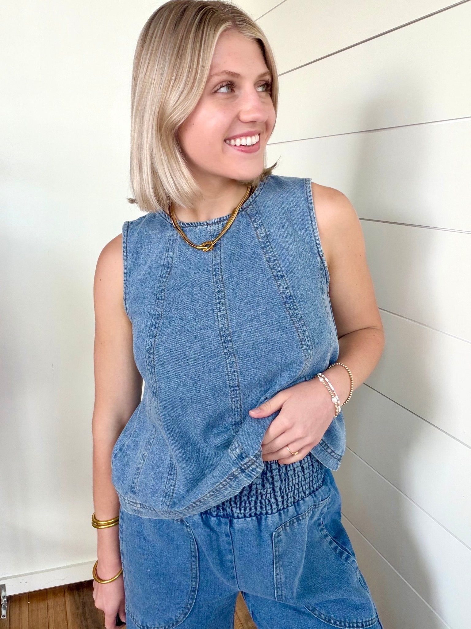 Smocked Waist Pocket Detail Denim Pants In Denim - Infinity Raine