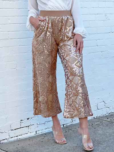 You Go Girl Sequin Wide Cropped Pants-Gold - Infinity Raine