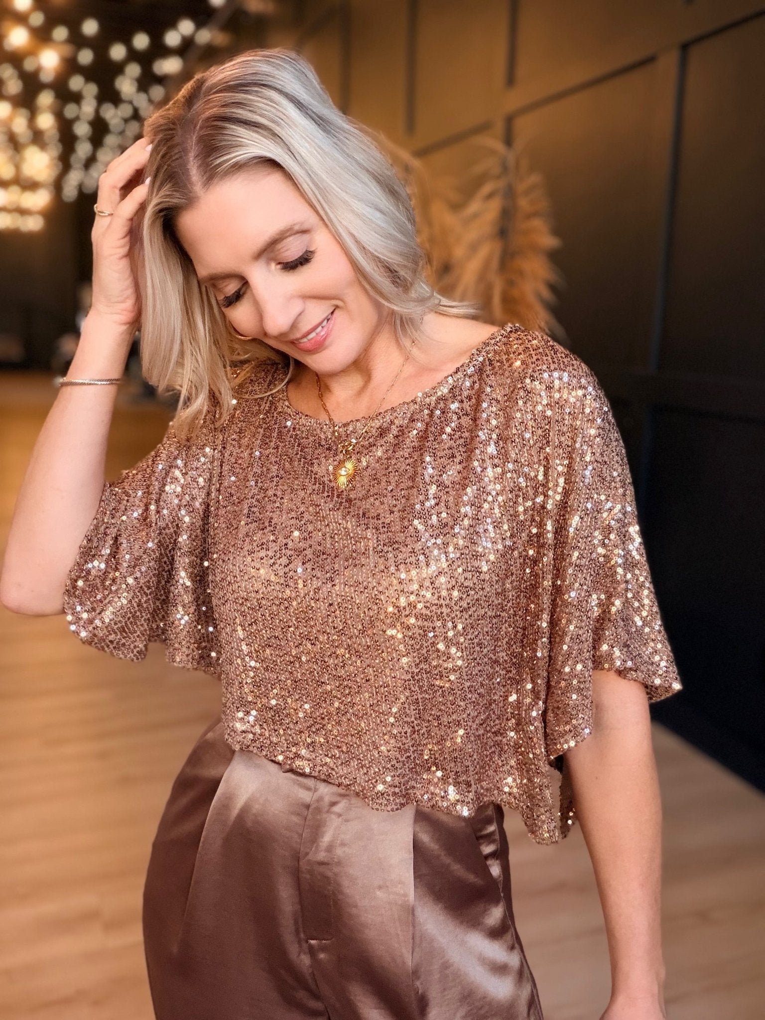 Sequin Draped Asymmetric Poncho Top In Dusty Gold - Infinity Raine