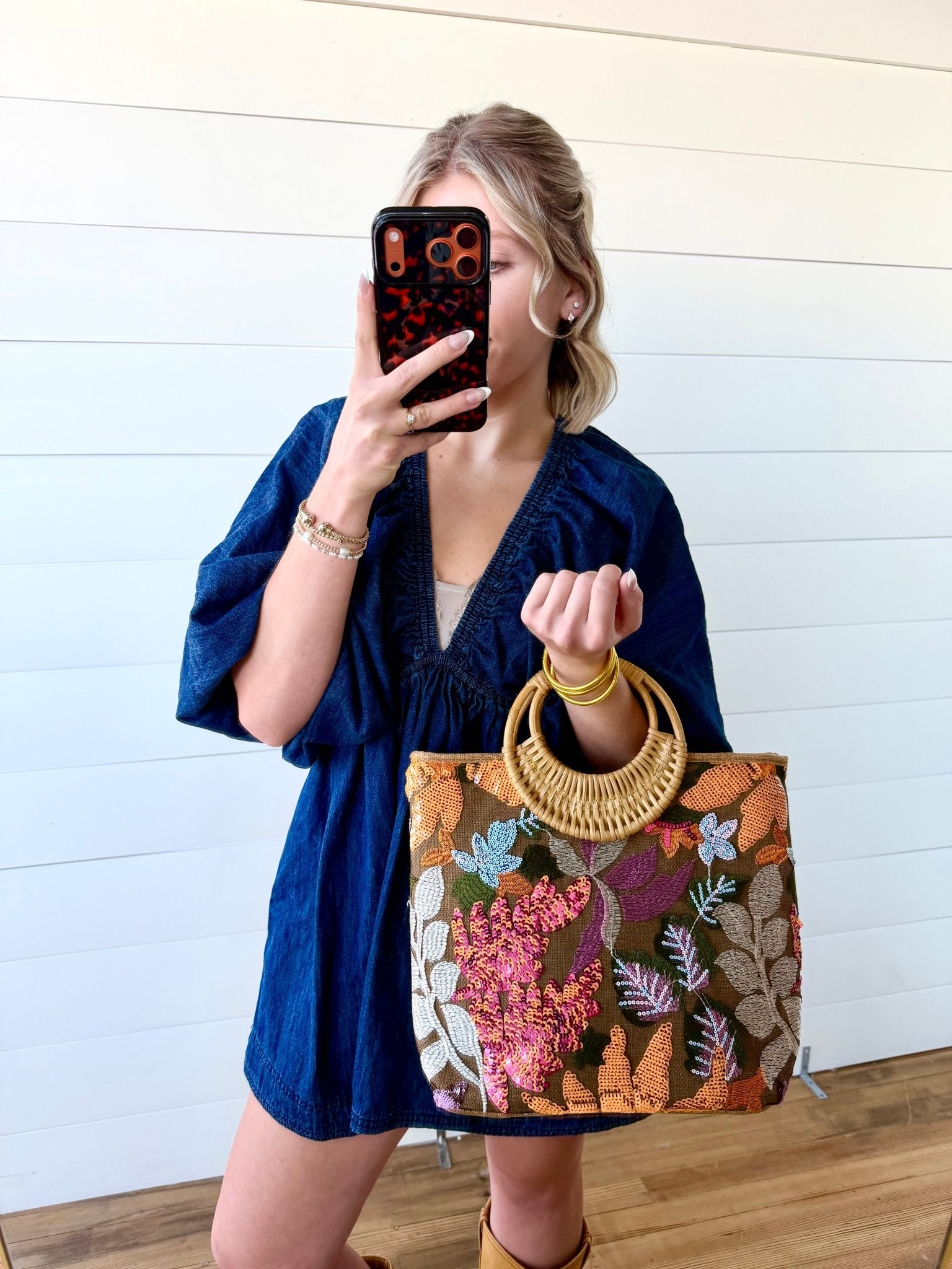 Sequin Embroidered Woven Beach Bag In Apricot - Infinity Raine