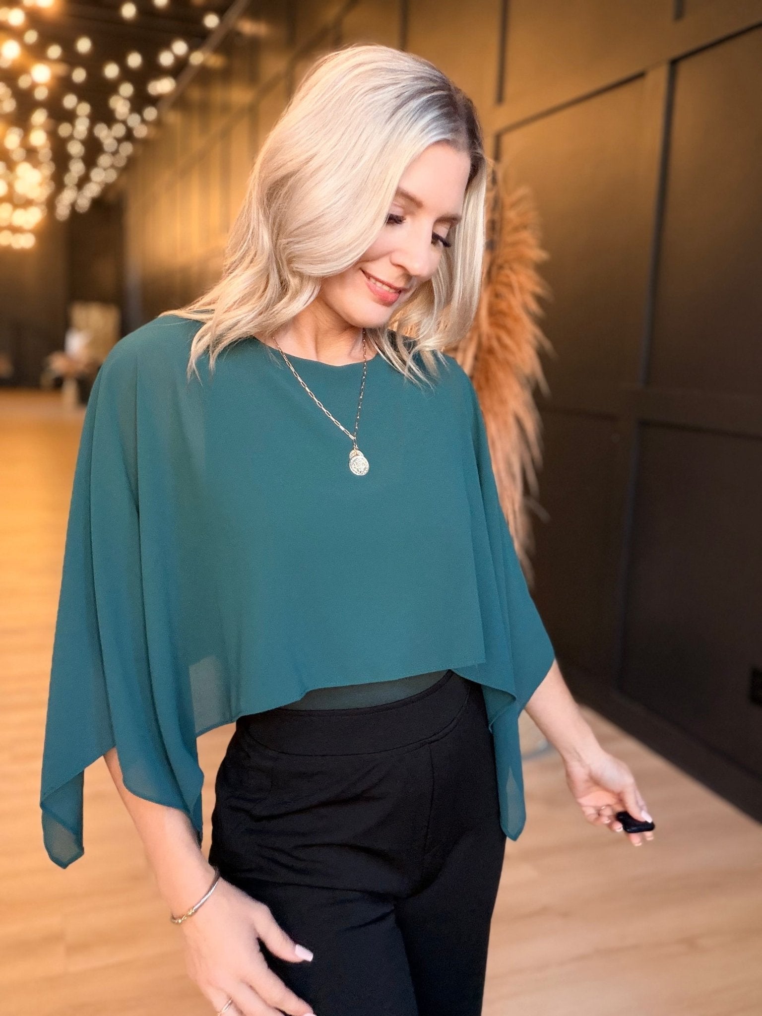 Sheer Chiffon Cape Overlay Sleeveles Round Neck Top In Hunter Green - Infinity Raine