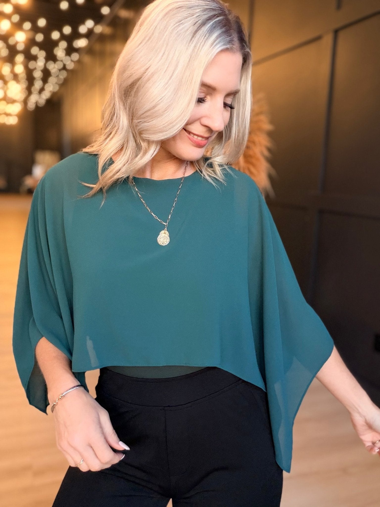 Sheer Chiffon Cape Overlay Sleeveles Round Neck Top In Hunter Green - Infinity Raine
