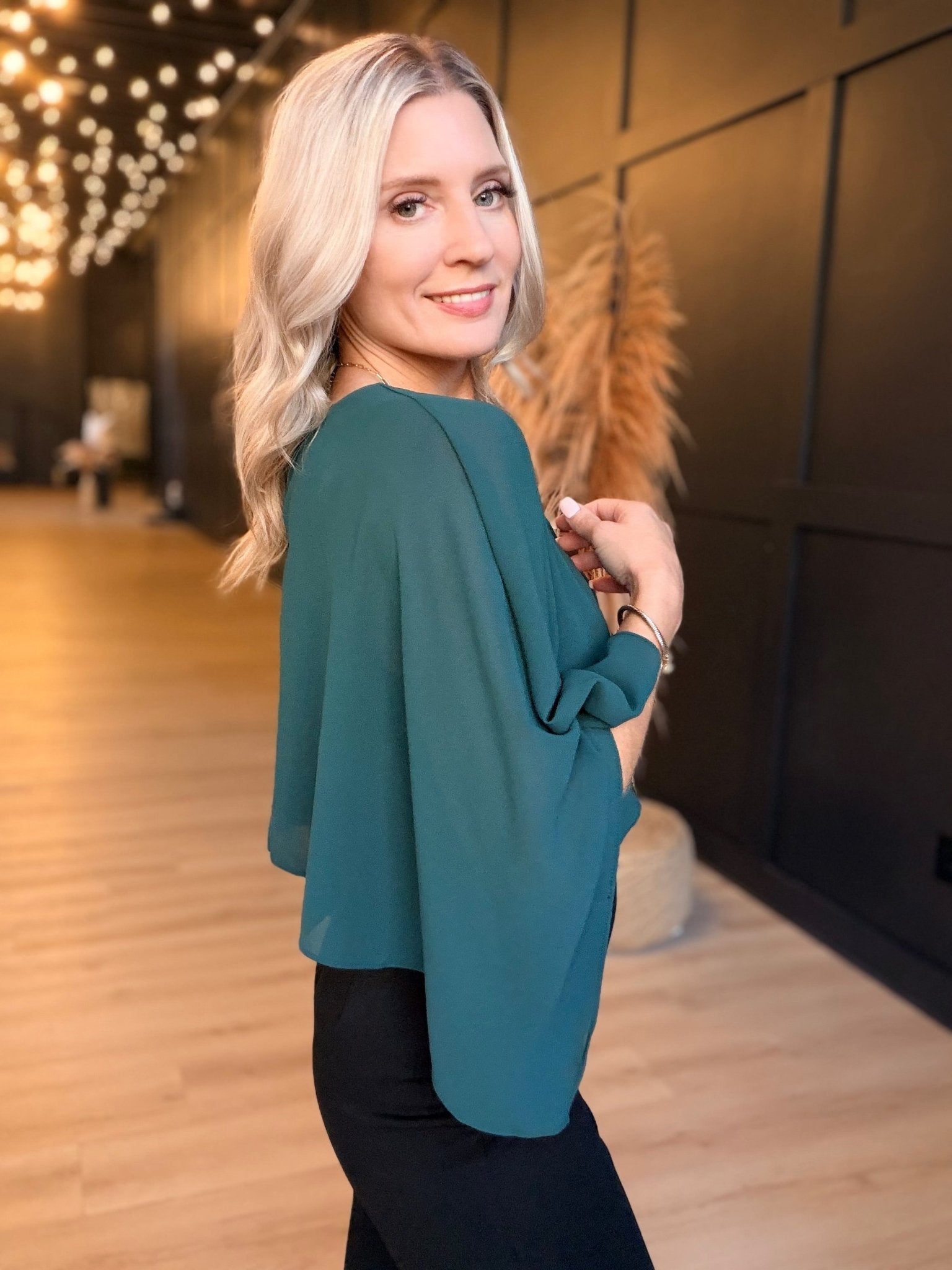 Sheer Chiffon Cape Overlay Sleeveles Round Neck Top In Hunter Green - Infinity Raine