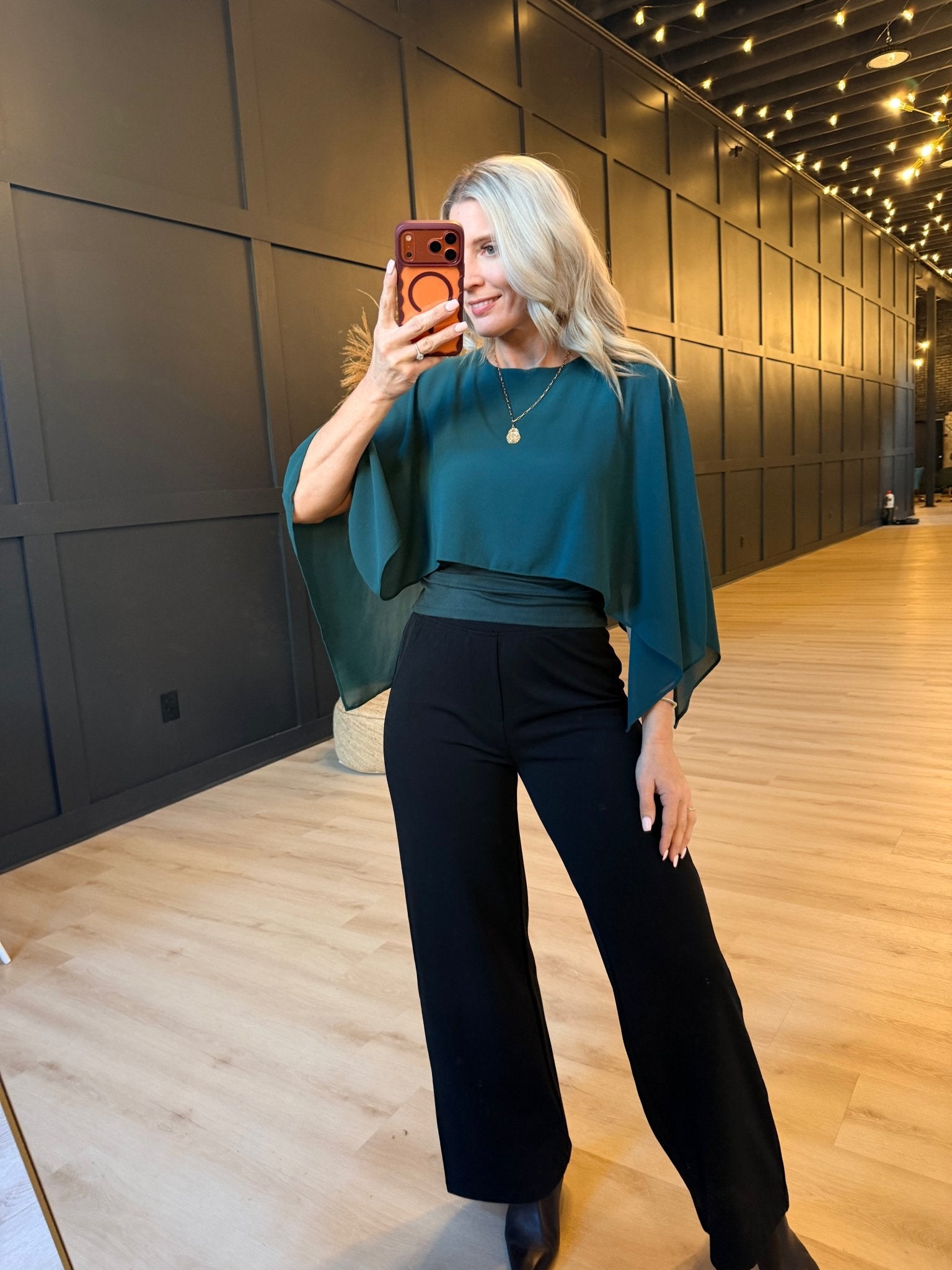 Sheer Chiffon Cape Overlay Sleeveles Round Neck Top In Hunter Green - Infinity Raine