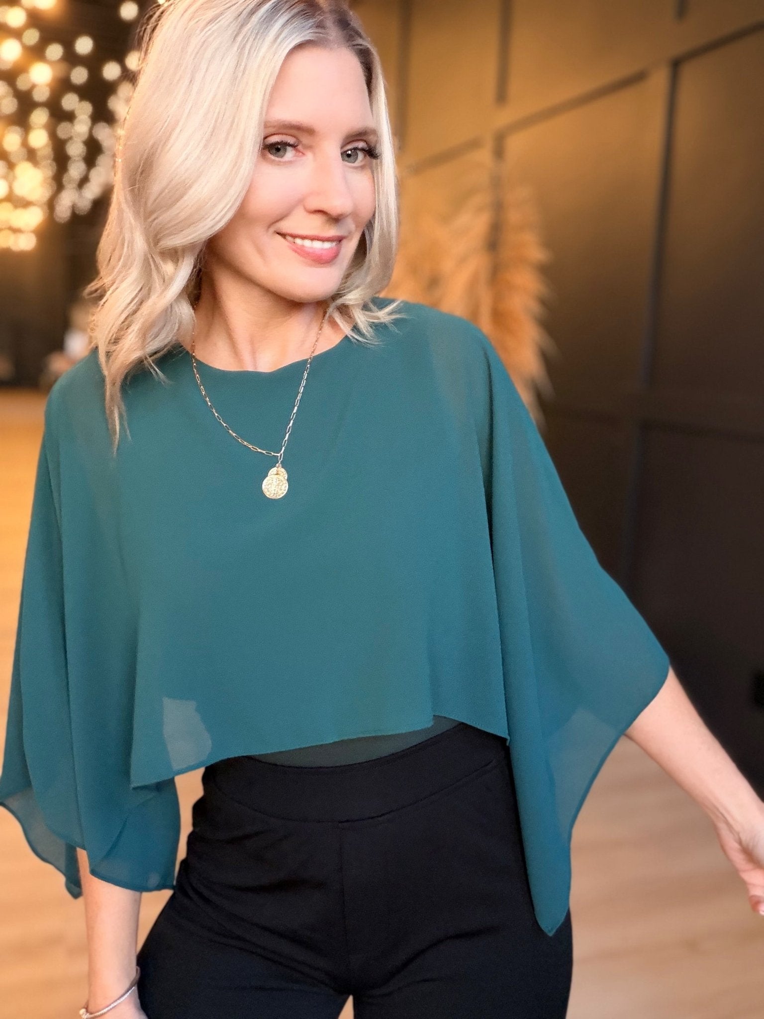 Sheer Chiffon Cape Overlay Sleeveles Round Neck Top In Hunter Green - Infinity Raine
