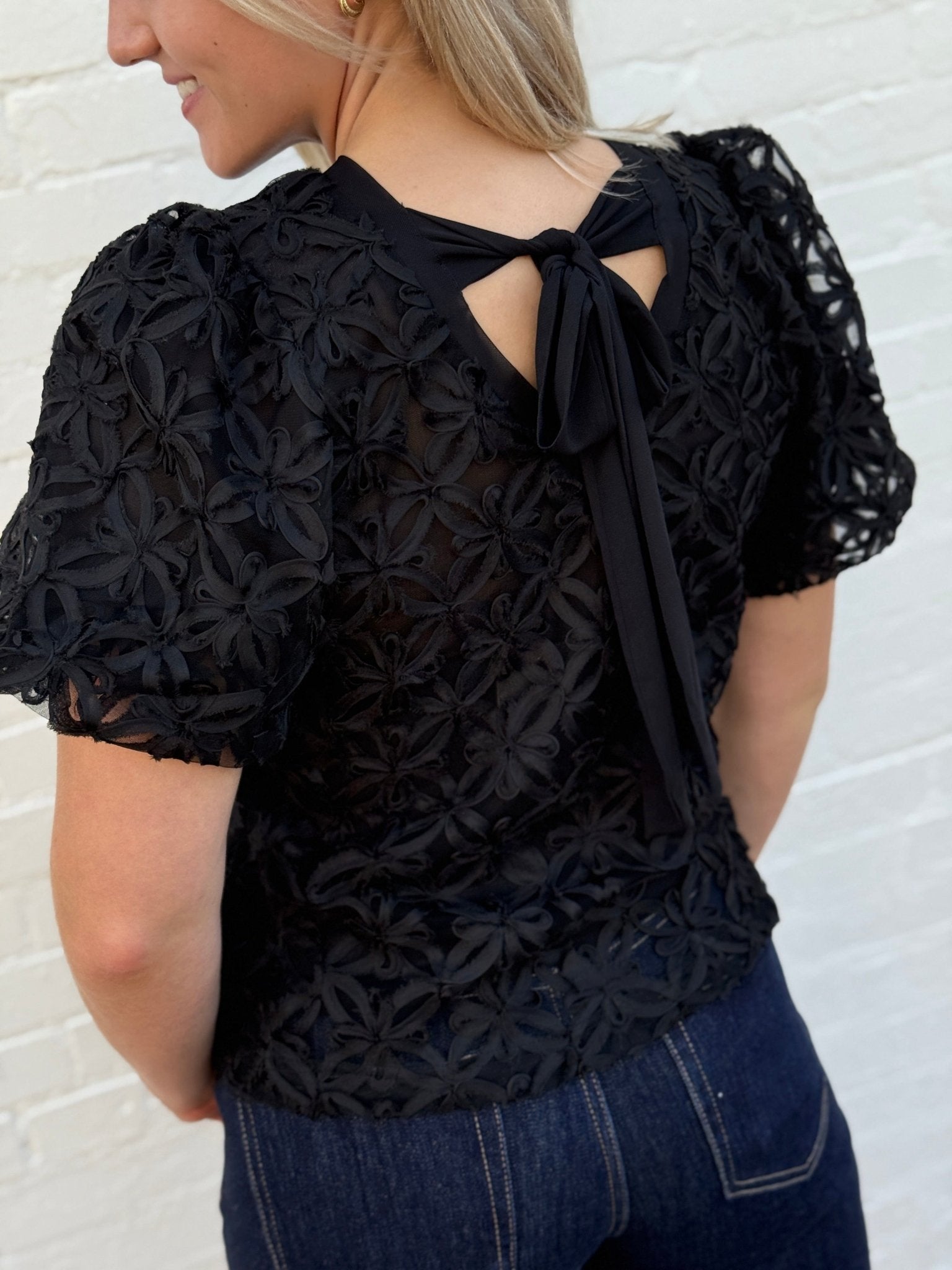 Sheer Floral Puff Sleeve Blouse In Black - Infinity Raine