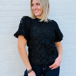Sheer Floral Puff Sleeve Blouse In Black - Infinity Raine