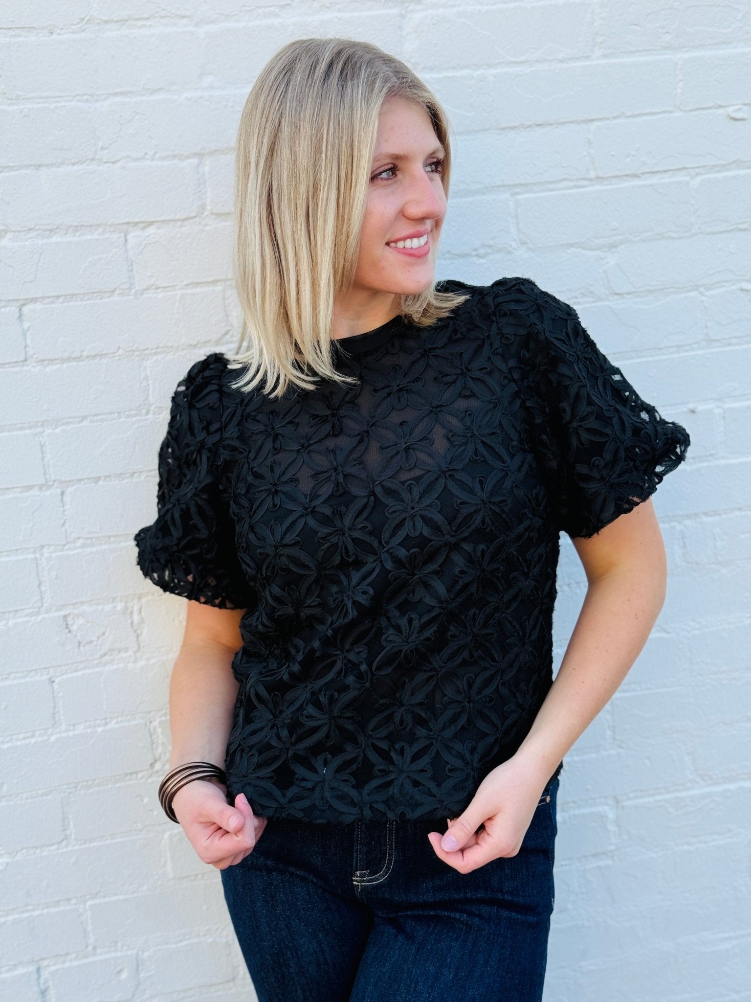 Sheer Floral Puff Sleeve Blouse In Black - Infinity Raine
