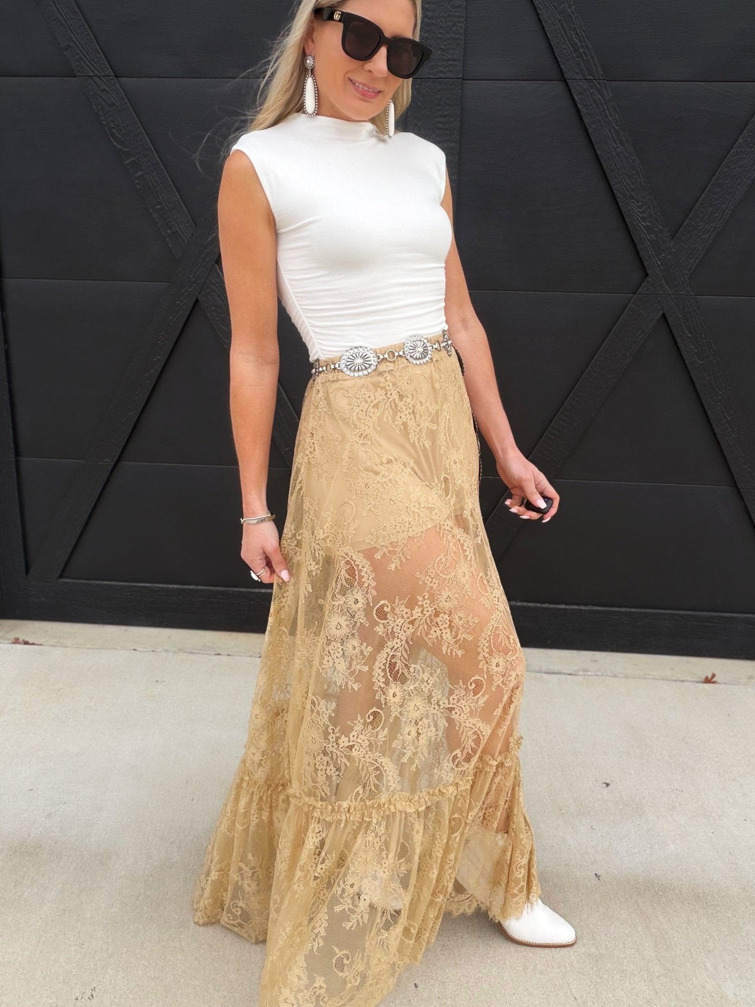 Sheer Lace Maxi Skirt In Taupe - Infinity Raine