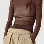 Sheer Mock Neck Long Sleeve Blouse in Brown - Infinity Raine