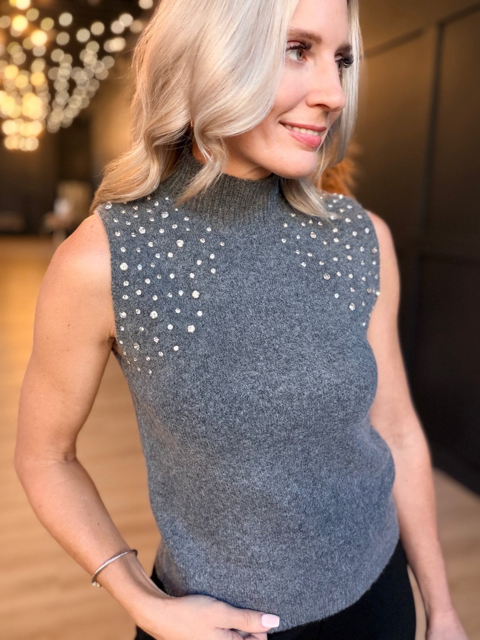 Shelby Embellished Sweater Vest in Charcoal - Infinity Raine