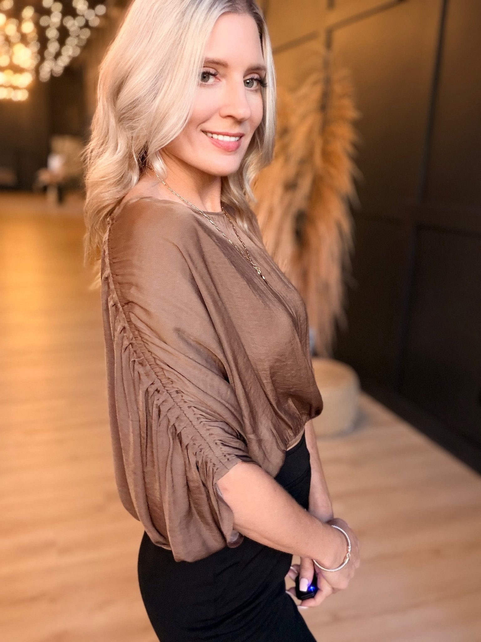 Shirred Bat Sleeve Blouse With Elastic Waist In Cocoa Dust - Infinity Raine