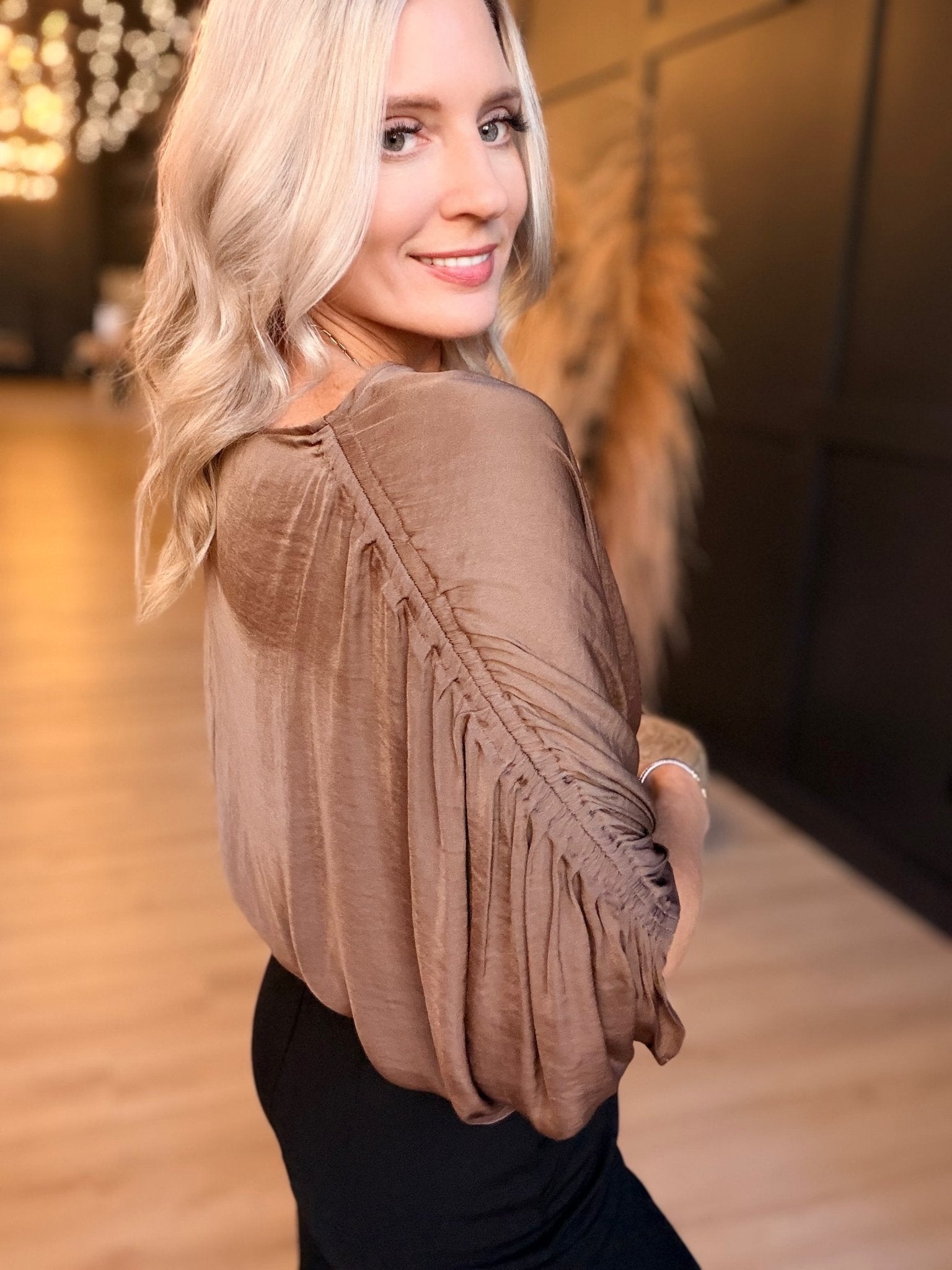 Shirred Bat Sleeve Blouse With Elastic Waist In Cocoa Dust - Infinity Raine