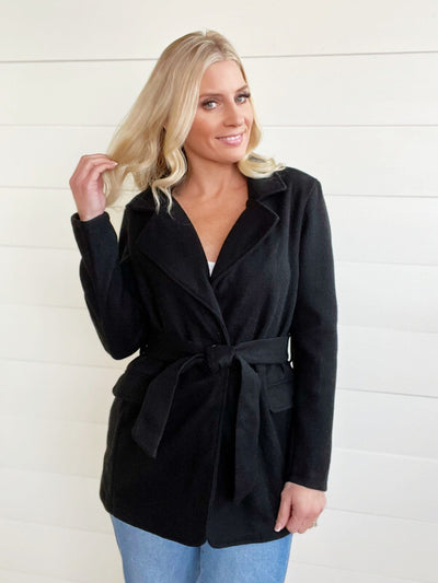 Sash Belt Solid Buttoned Coat-Black - Infinity Raine