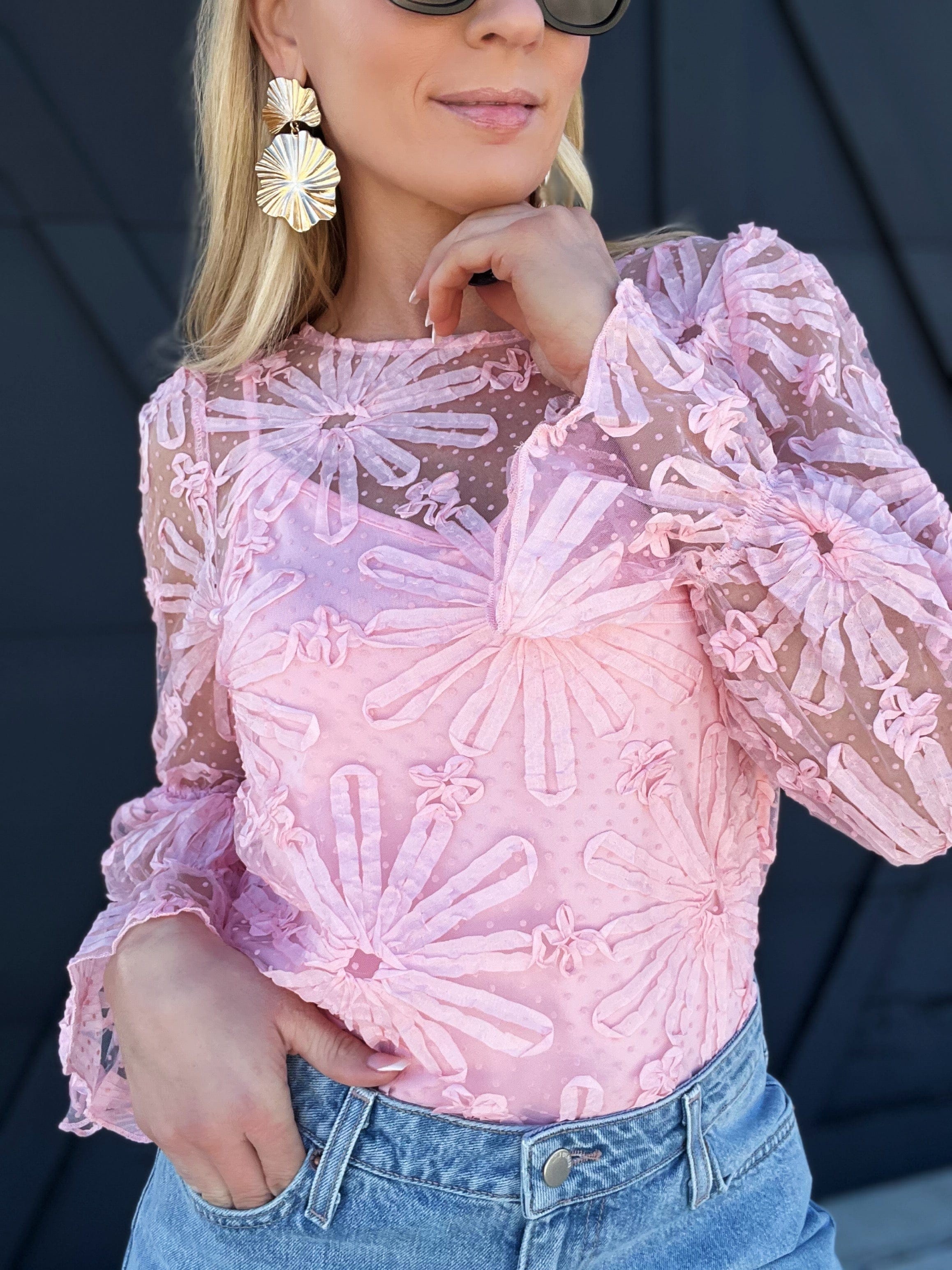 Floral Dotted Mesh Top In Pink - Infinity Raine