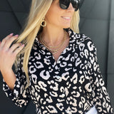 Leopard Button Up Long Sleeve Top-Black - Infinity Raine